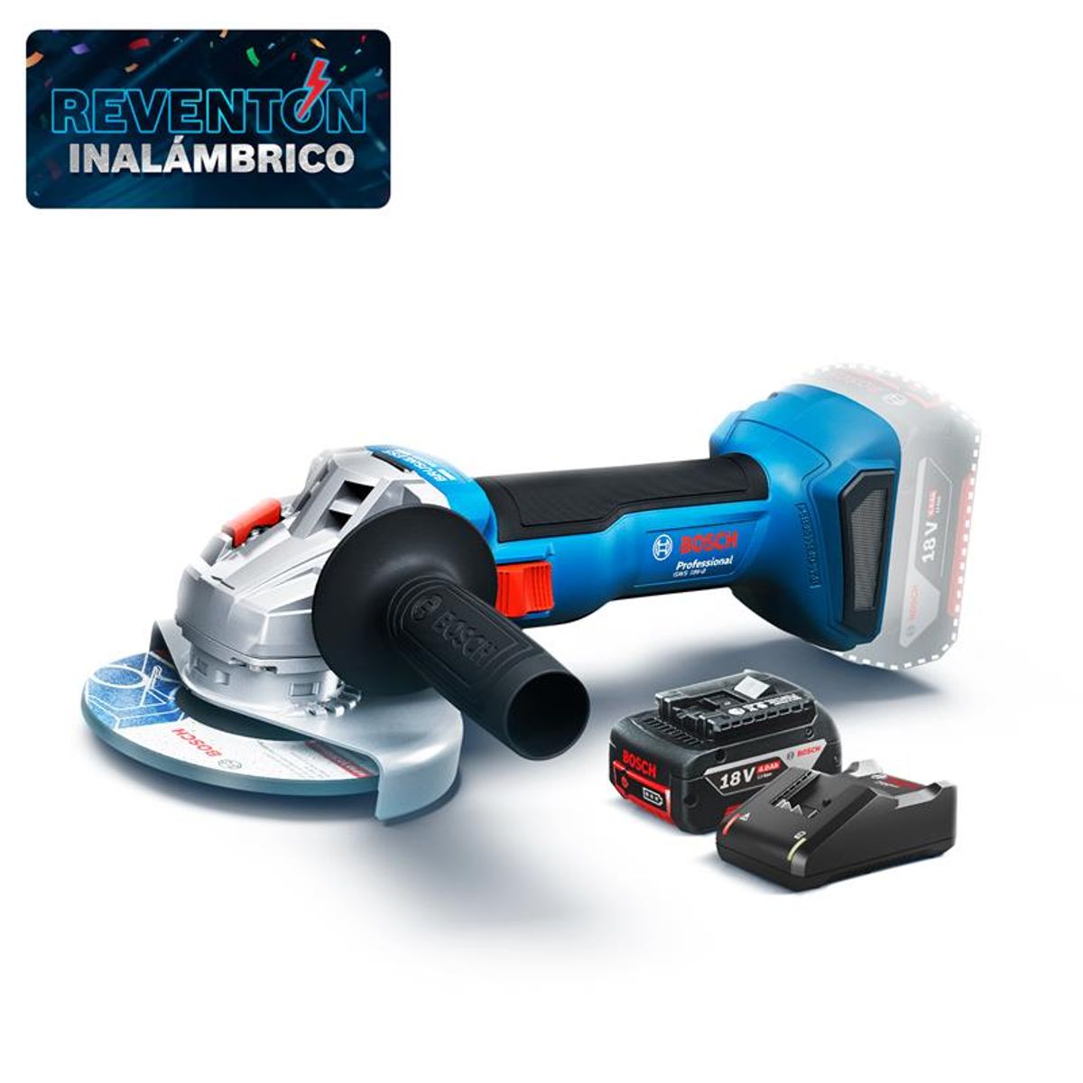 BOSCH - Amoladora Angular 18V Baretool Bosch + Cargador GAL 18V-40 de Bosch 18V + Batería de Iones de Litio Bosch 18V GBA 18V 4.0Ah.