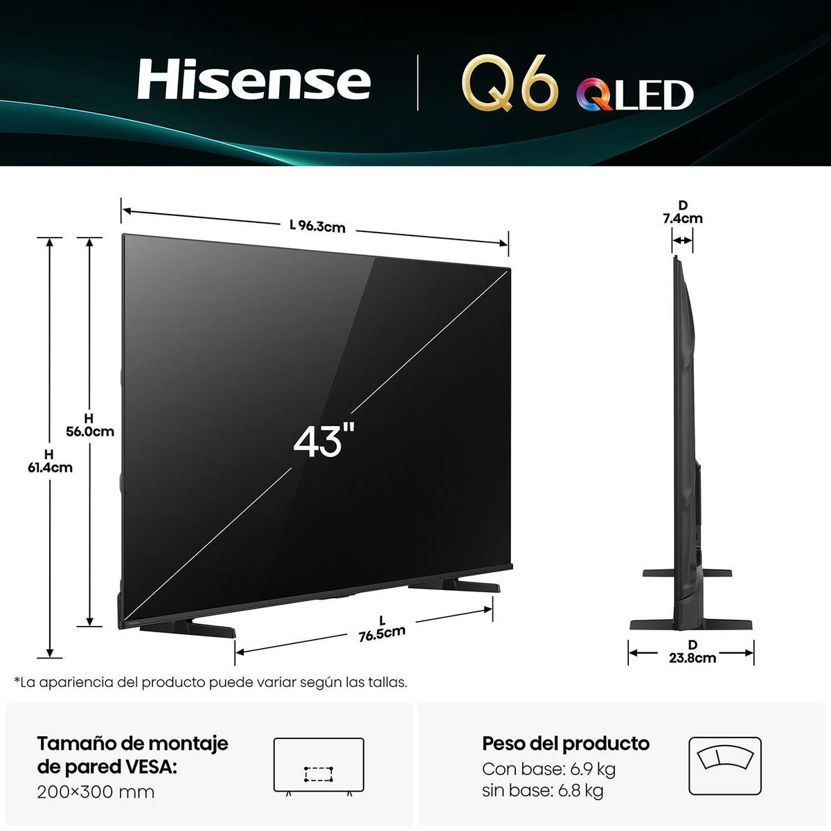 HISENSE - Televisor Hisense QLED 43" Ultra HD VIDAA 43Q6QV