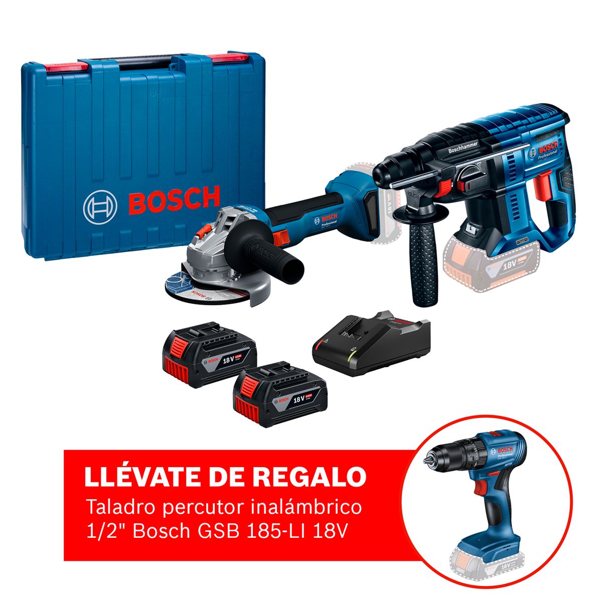 BOSCH - Amoladora Bosch GWS 18V-8 + Rotomartillo inalámbrico GBH 180LI + Taladro percutor 1/2" GSB 185LI