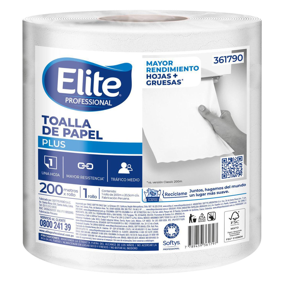 ELITE PROFESSIONAL - Papel Toalla Plus Elite 1 Rollo de 200M