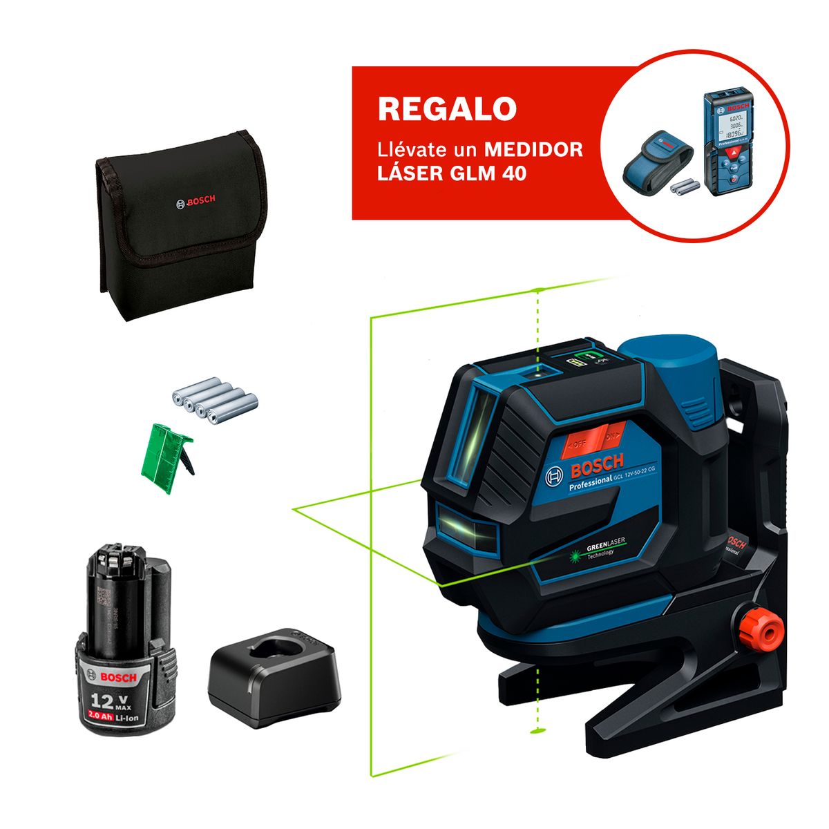 BOSCH - Nivel Láser GCL 12V-50-22 CG + Batería y cargador 12V + Regalo: Medidor GLM 40.