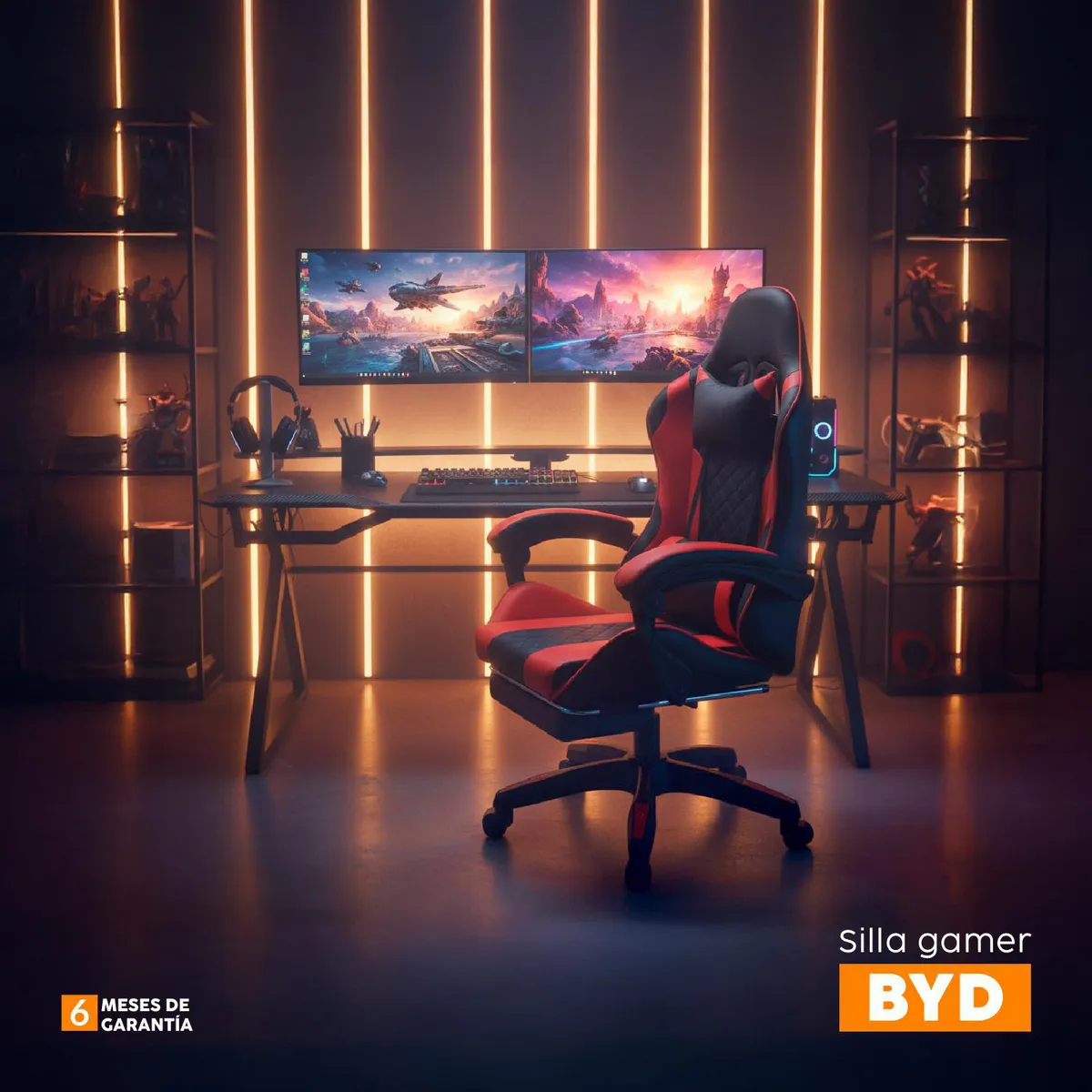 BONNO - Silla Gamer con Reposapiés BYD Negro/Rojo