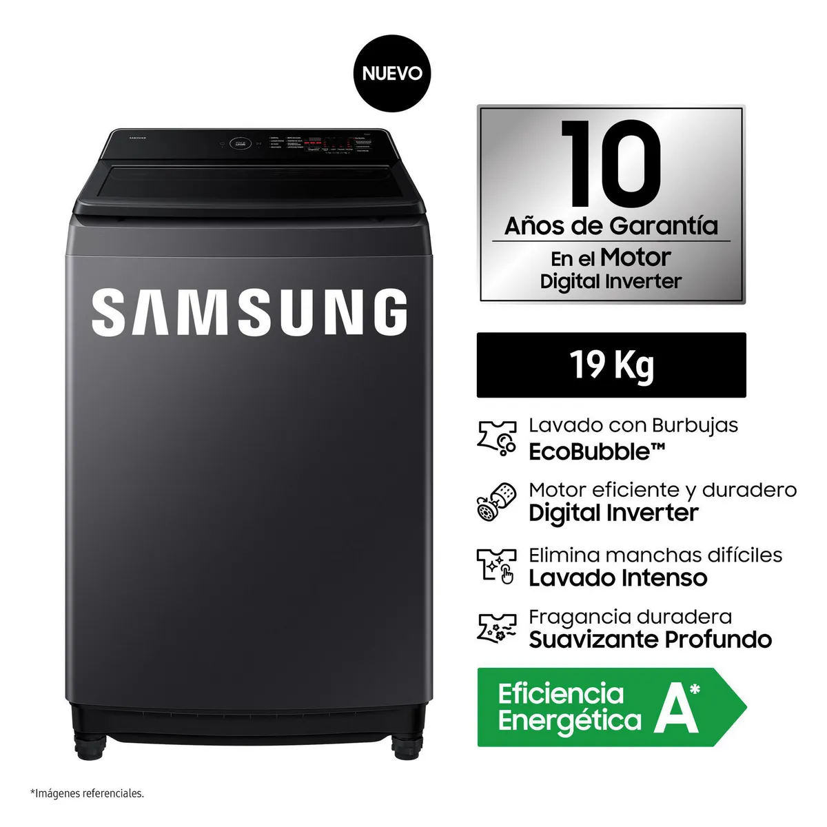 SAMSUNG - Lavadora Carga Superior 19kg Gris Grafito WA40F19E7CPE.