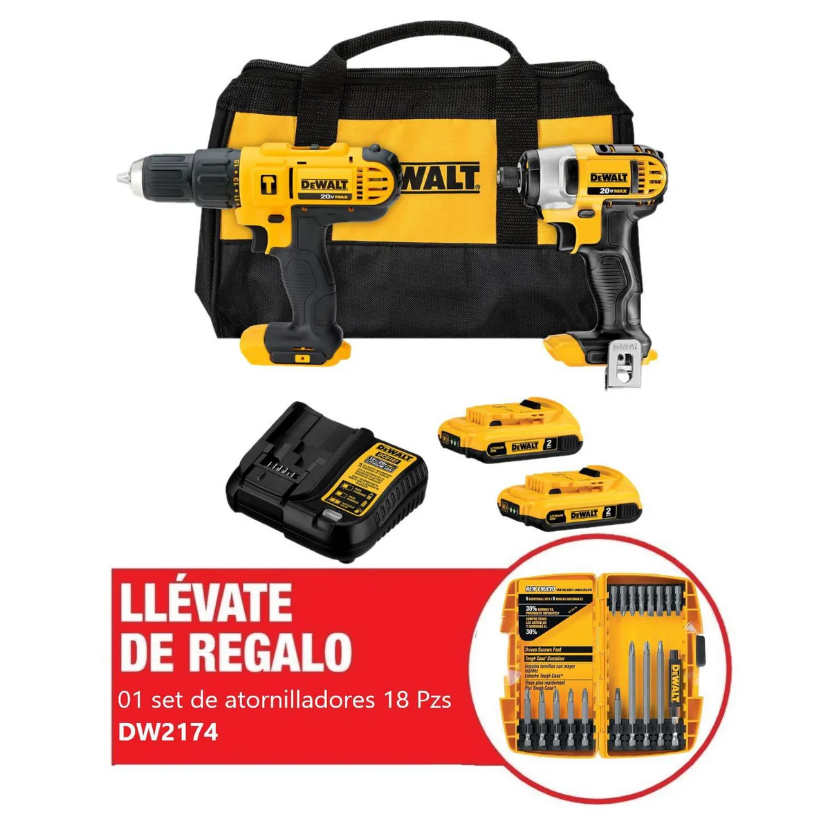 DEWALT - Taladro Percutor 1/2" + Atornillador de Impacto 1/4" 20V + Set de brocas 18 piezas 