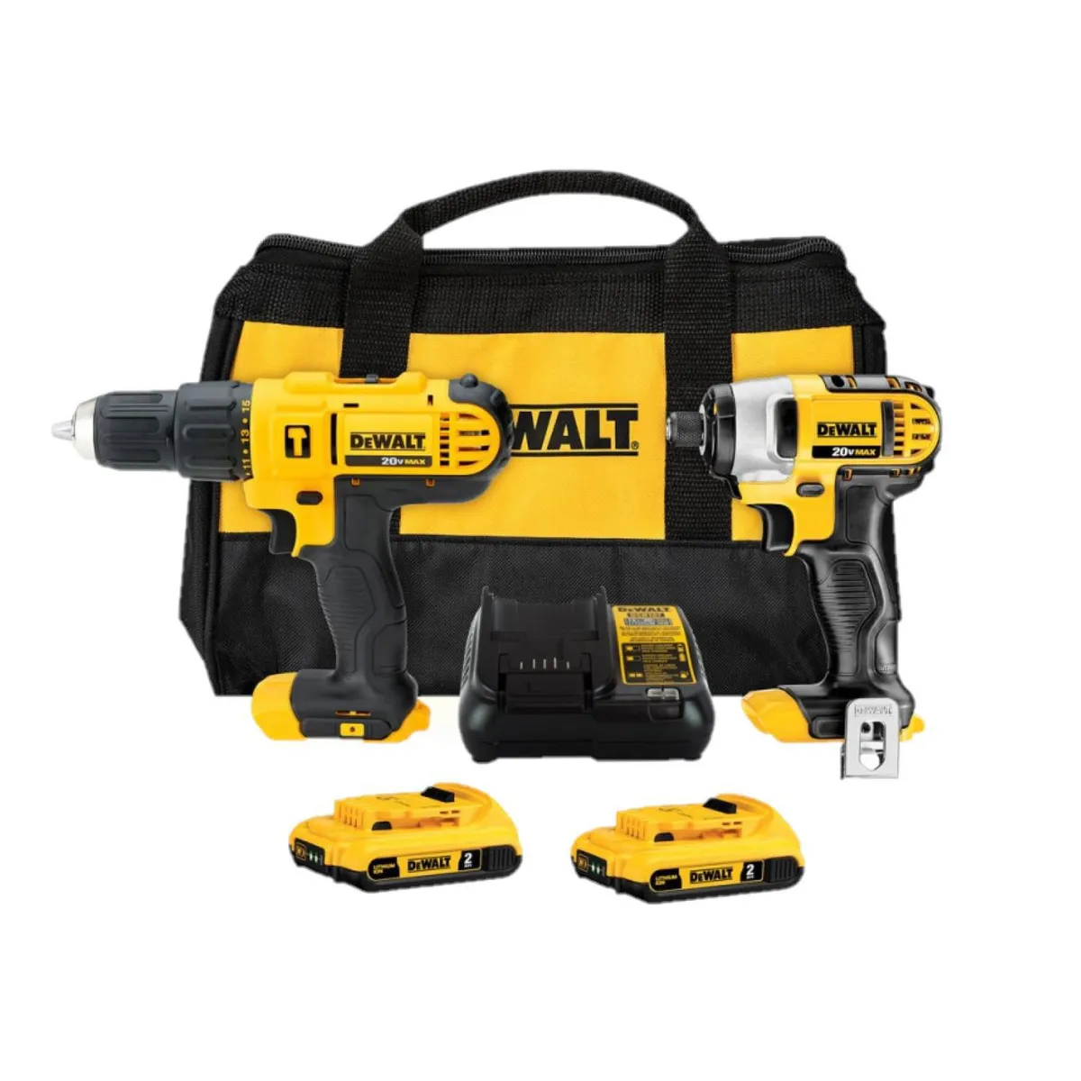 DEWALT - Taladro Percutor 1/2" + Atornillador de Impacto 1/4" 20V + Set de brocas 18 piezas 
