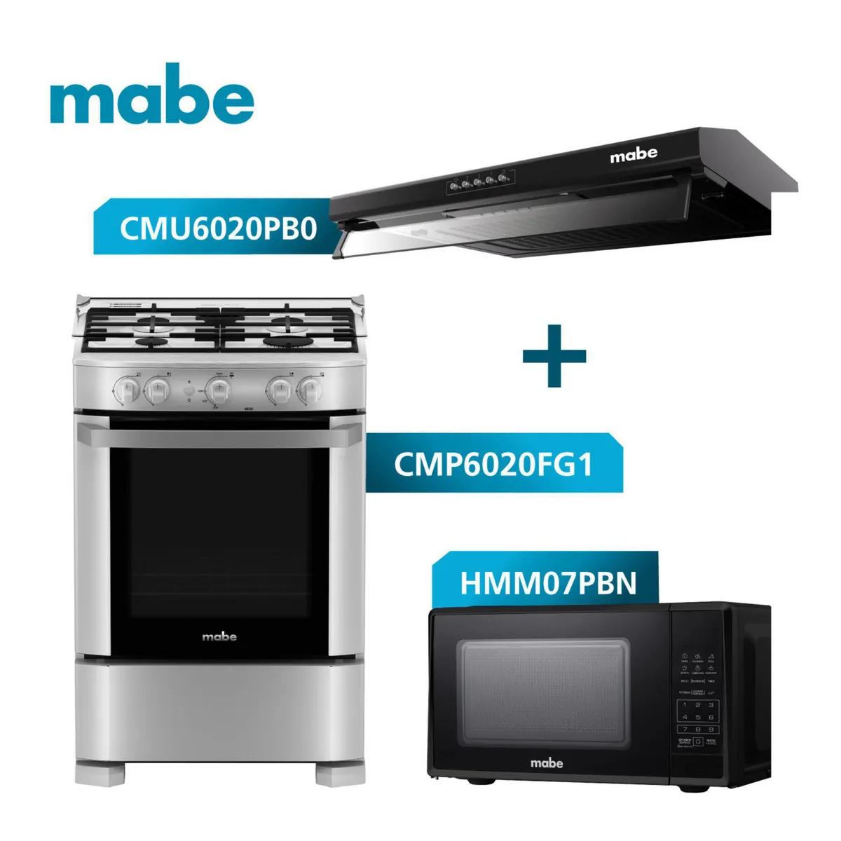 Mabe - Tricombo Campana CMU6020PB0 + Cocina de Piso CMP6020FG1 + Horno Microondas HMM07PBN