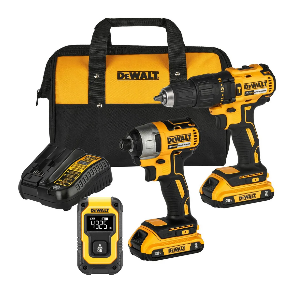 Taladro Percutor 20V +Atornillador de Impacto 20V +2 Baterías +Cargador +Bolso lona +Medidor laser, marca DEWALT - Foto Principal