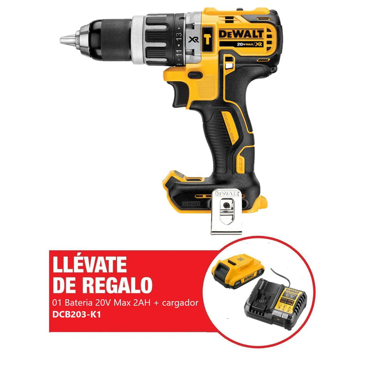 DEWALT - Taladro Percutor 1/2" 20V XR 70Nm + Batería 20V Max 2AH+ Cargador 12V / 20V Dewalt