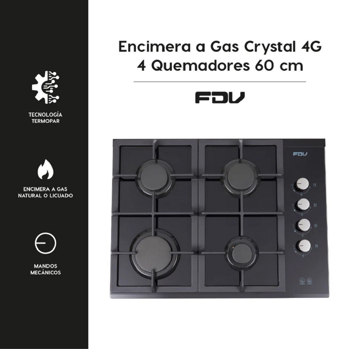 FDV - Encimera FDV Crystal de 4 Quemadores a Gas Natural