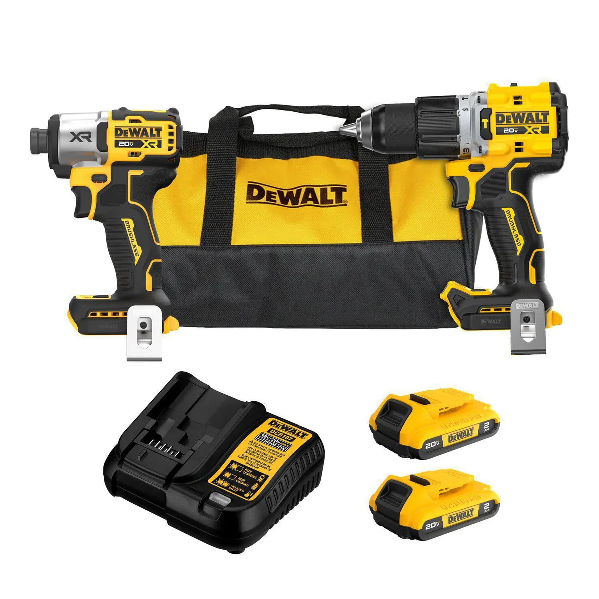 DEWALT - Taladro Percutor 20V + Atornillador de Impacto Inalámbrico 20V + 2 Baterías + Cargador DCK250