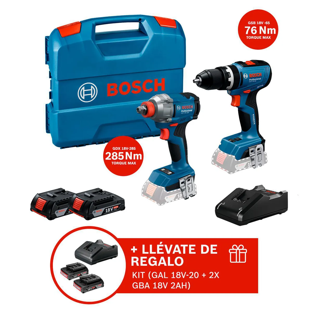 BOSCH - COMBO Inalámbrico Bosch Taladro GSB18V-65 + Llave de impacto GDX18V-285 REGALO: 2Bat 18V 2AH + 1Carg