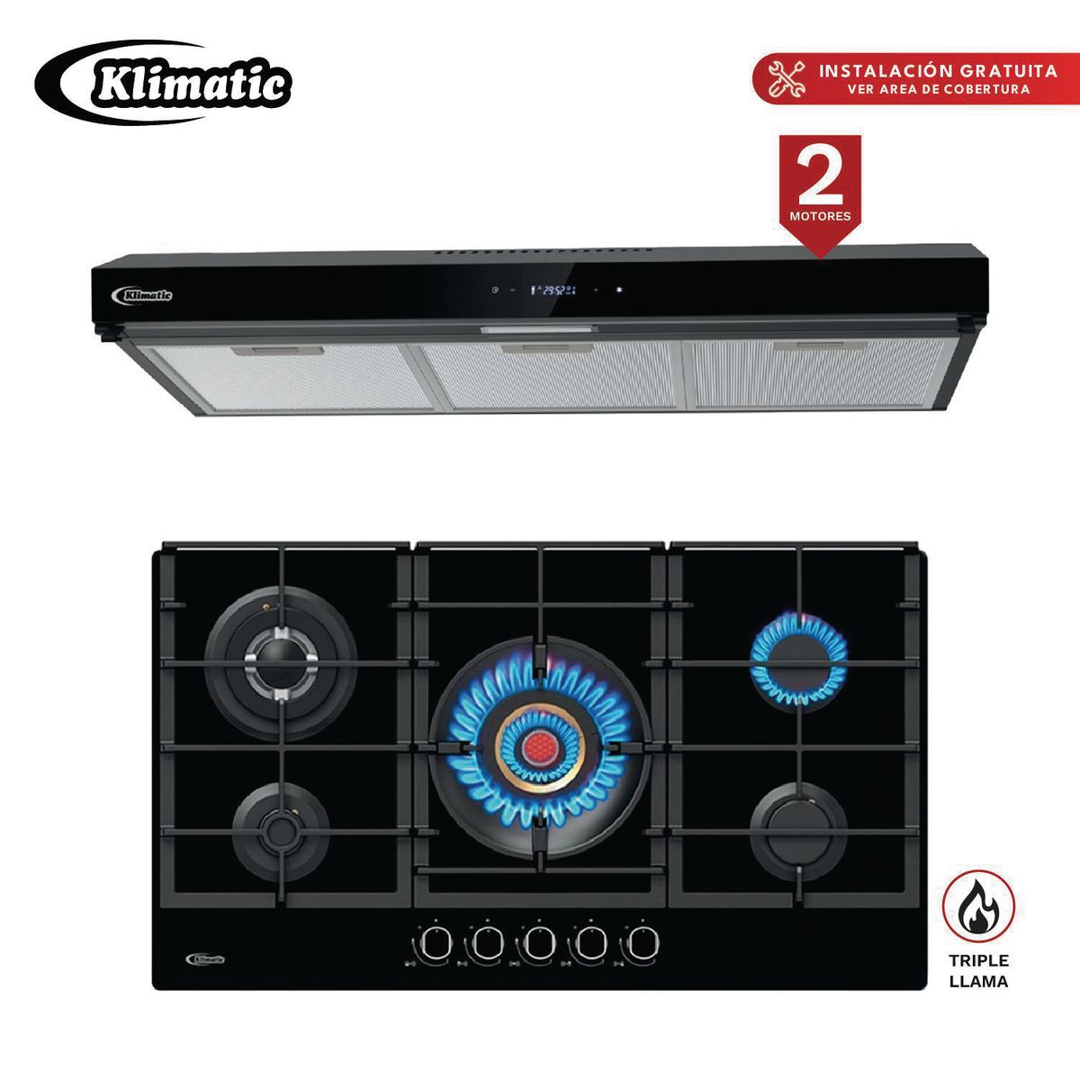 Klimatic - COMBO ENCIMERA A GAS VULCANO5 + CAMPANA VOLENDAM BK 90CM