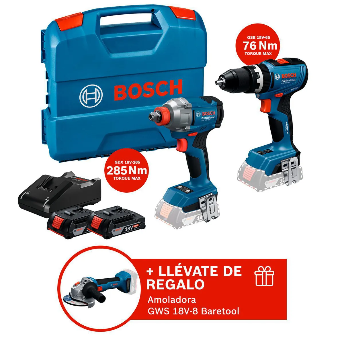 BOSCH - COMBO Inalámbrico Bosch Taladro GSB18V-65 + Llave de impacto GDX18V-285 REGALO: Amoladora GWS 18V-8
