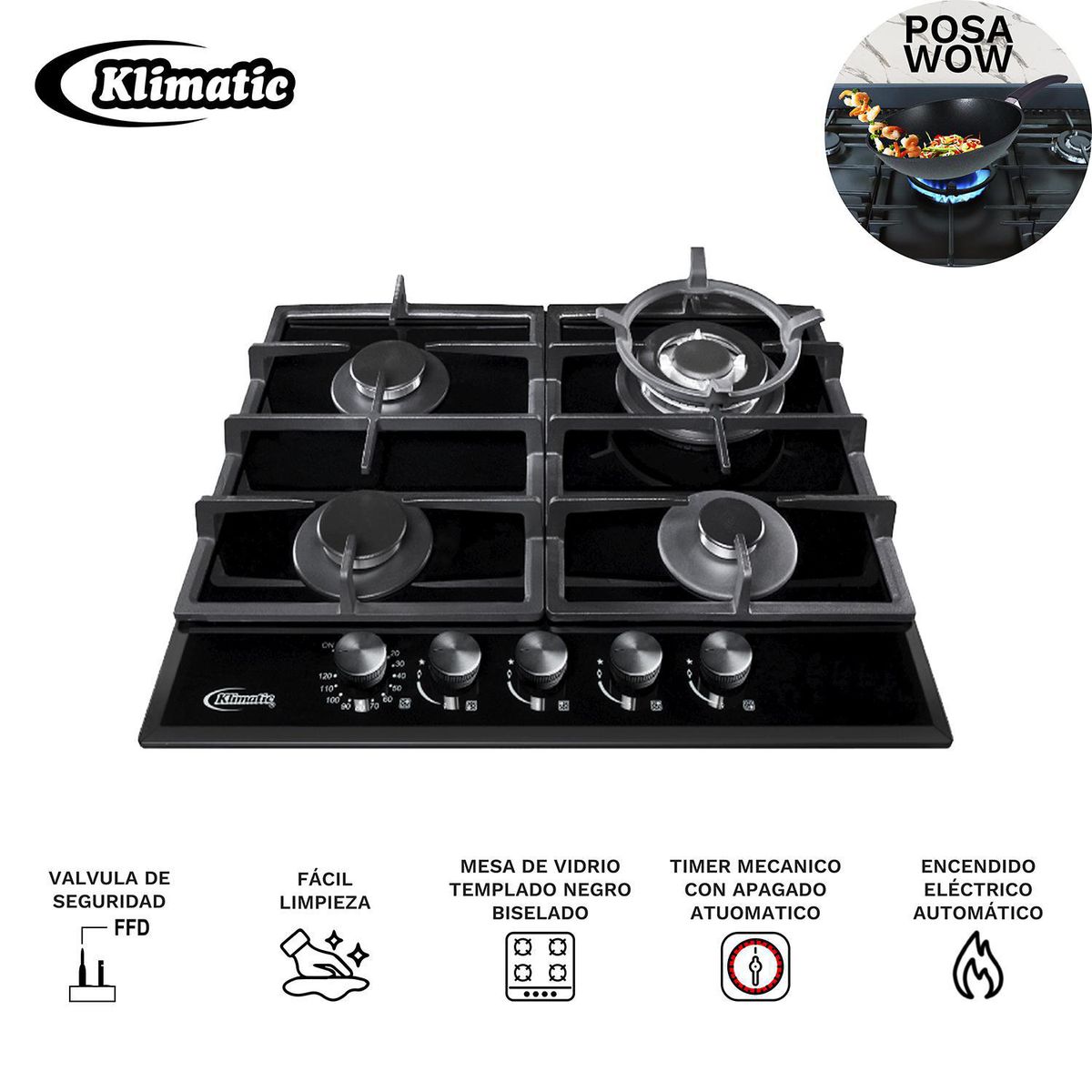 Klimatic - COMBO ENCIMERA A GAS AOSTA60 + CAMPANA DECORATIVA ARIA 60CM