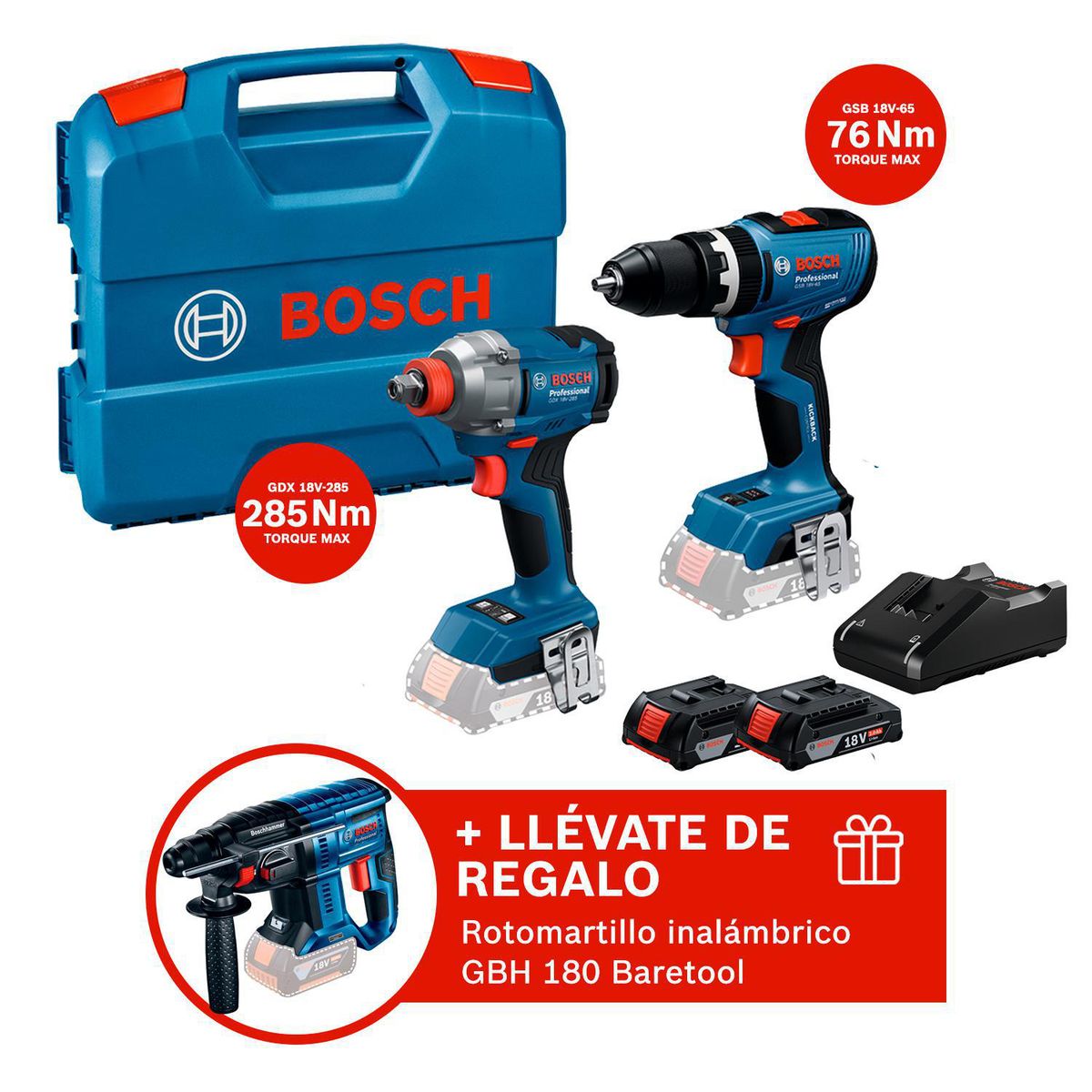 BOSCH - COMBO Inalámbrico Bosch Taladro GSB18V-65 + Llave de impacto GDX18V-285 REGALO: Rotomartillo GBH180