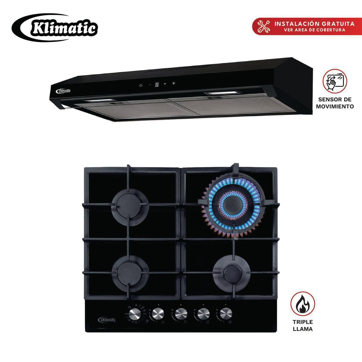 Klimatic - COMBO ENCIMERA A GAS AOSTA60 + CAMPANA VENTO BK PLUS 60CM
