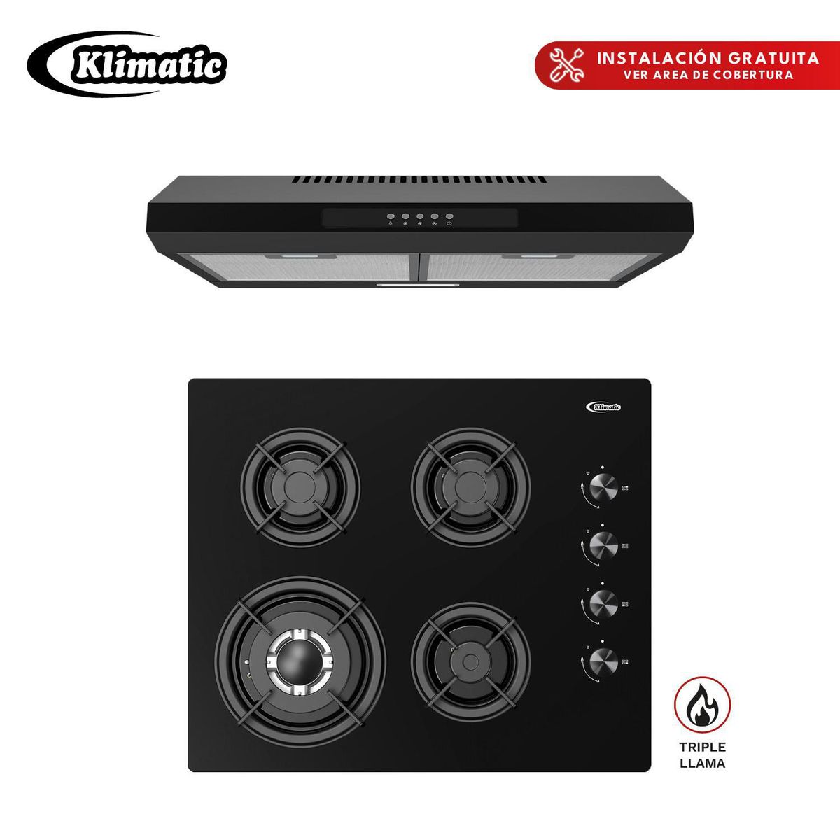 KLIMATIC - Combo Encimera a Gas Kristal Black + Campana Vento K 60cm