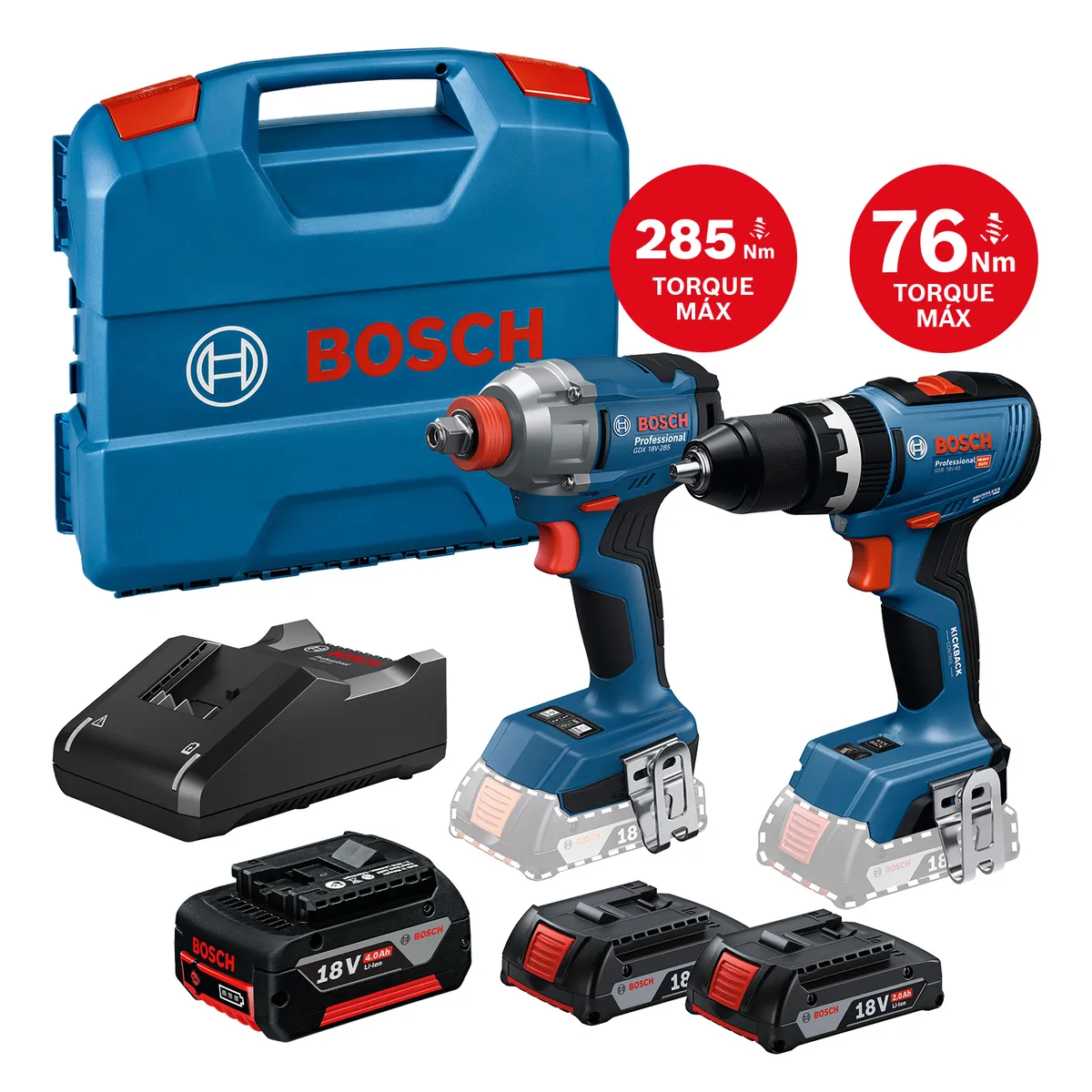 Taladro Percutor 18V + Llave de Impacto + 3 Baterías + Cargador + Maletín, marca Bosch - Foto Principal