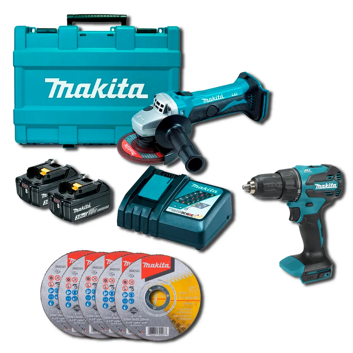 Taladro + Amoladoras + 5 Discos + 2 Baterias + Cargardor, marca MAKITA - Foto Principal