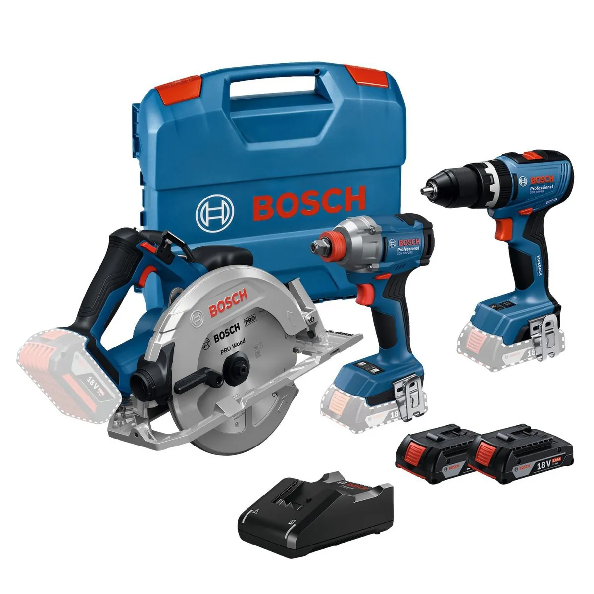Taladro Percutor GSB 18V-65 + Llave de impacto GDX 18V-285 + Sierra circular 18V + 2 Bat + Cargador, marca Bosch - Foto Principal