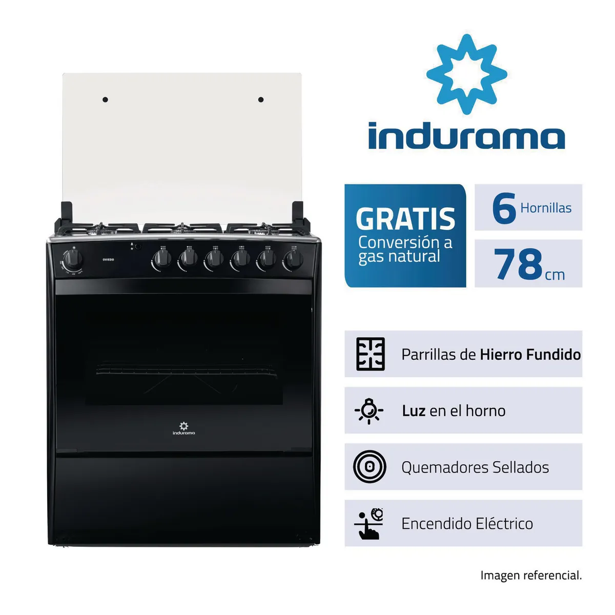 INDURAMA - Cocina Oviedo Negro C32 Per 6 Hornillas