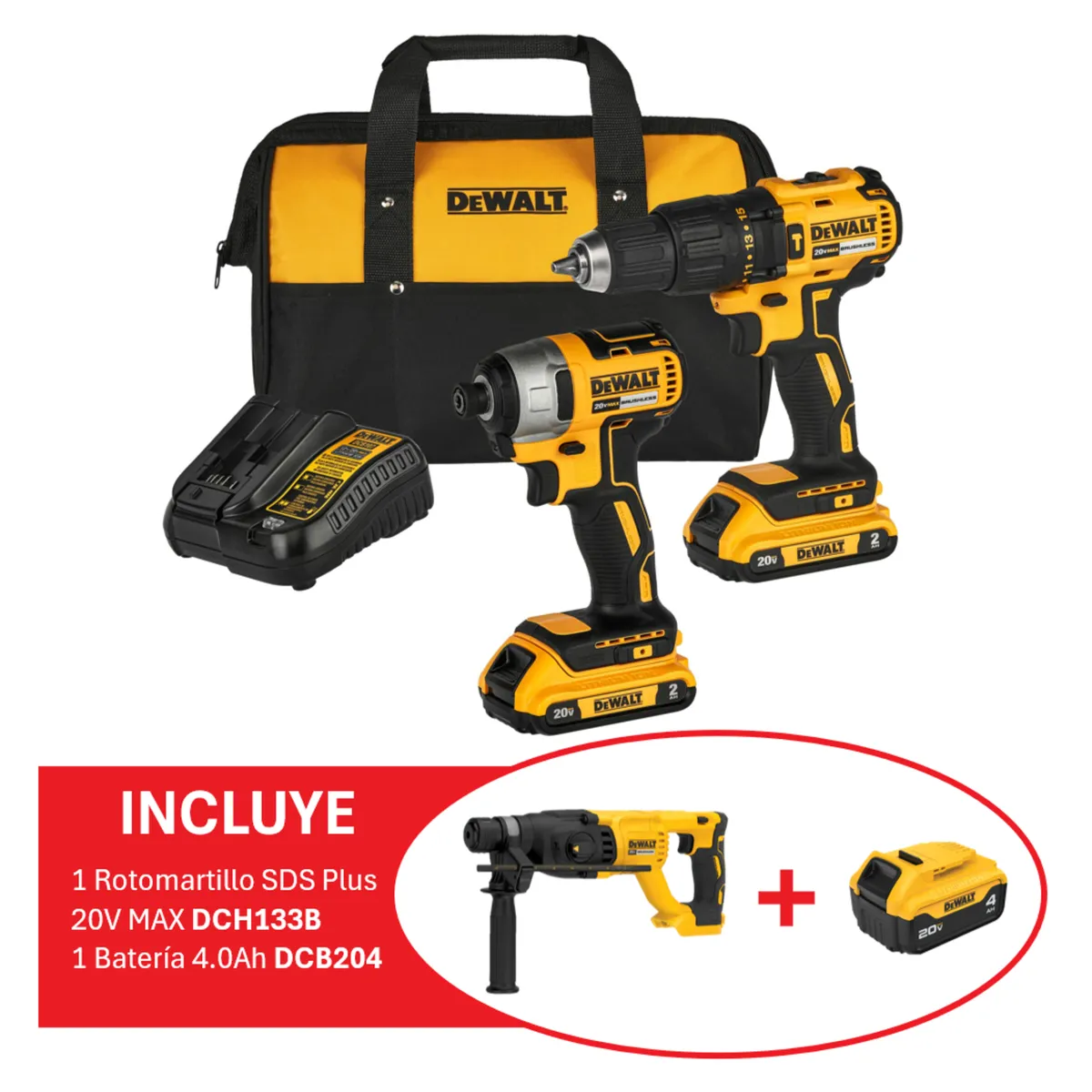 Taladro Percutor 1/2 +Atornillador de Impacto 1/4 20V+Rotomartillo SDS Plus+3 Baterías, marca DEWALT - Foto Principal