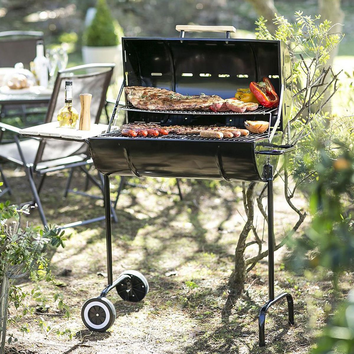 MR BEEF - Parrilla a Carbón Rectangular 1 Tambor 110x101x38cm + Bandeja Lateral