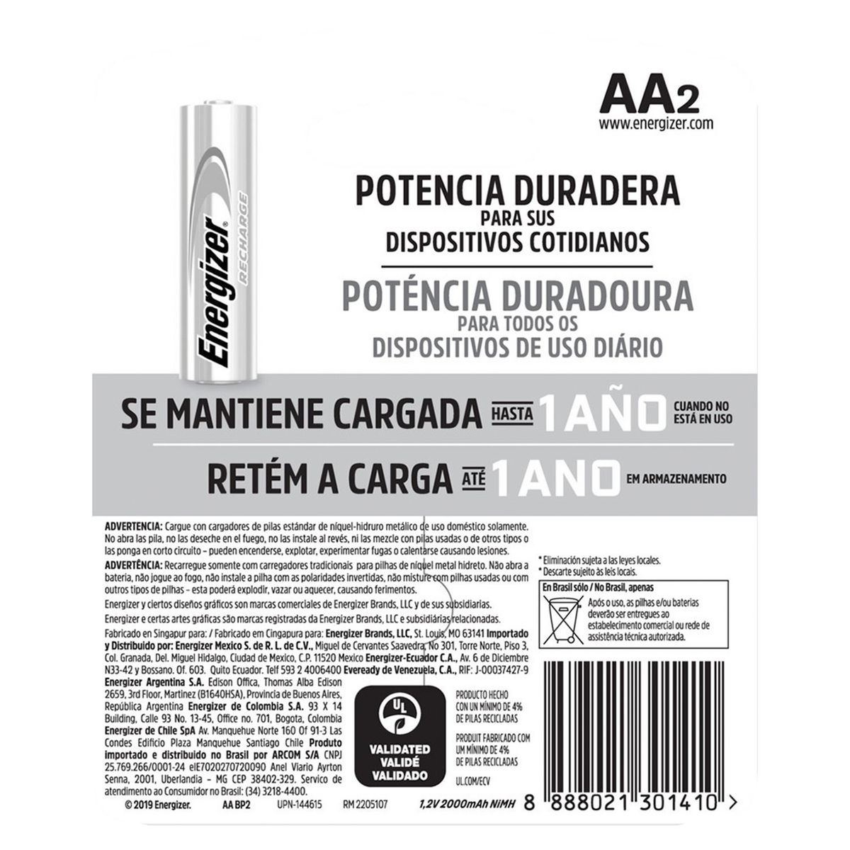 ENERGIZER - Pack de 2 Pilas Recargables Energizer AA 1.5V