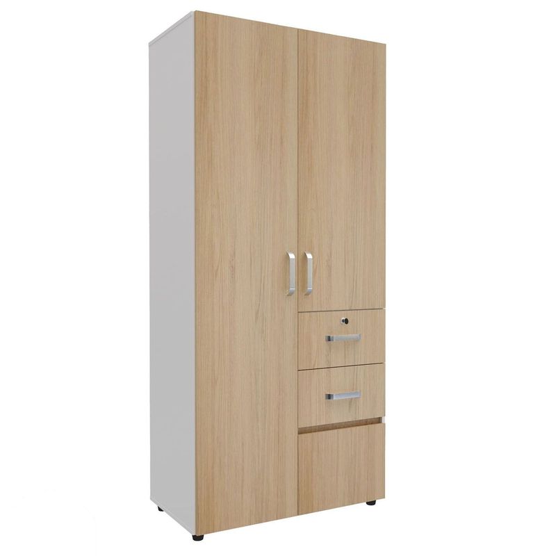 JUST HOME COLLECTION - Ropero 3 Puertas 2 Cajones Melamina con Zapatera Blanco/Rovere