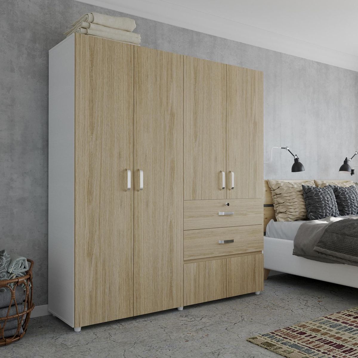 JUST HOME COLLECTION - Ropero 6 Puertas 2 Cajones Blanco/Rovere