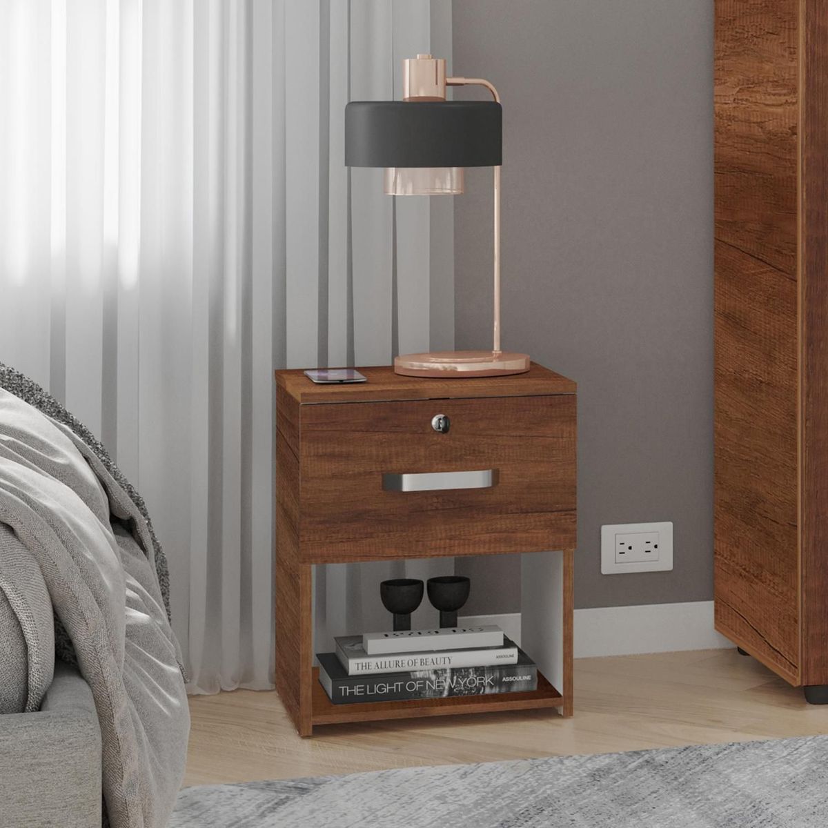 JUST HOME COLLECTION - Velador 1 Cajón Melamina Blanco/Caramelo 50x40x35.4cm