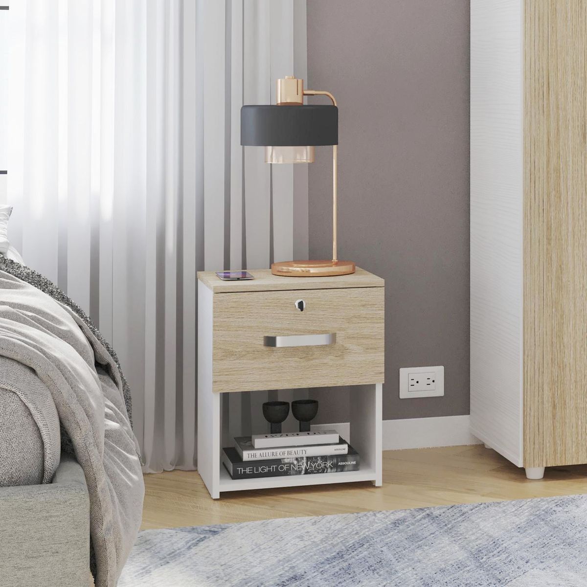 JUST HOME COLLECTION - Velador 1 Cajón Blanco/Rovere