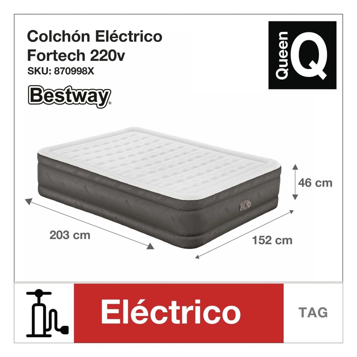 BESTWAY - Colchón Inflable Eléctrico Queen Bestway Fortech 220 v