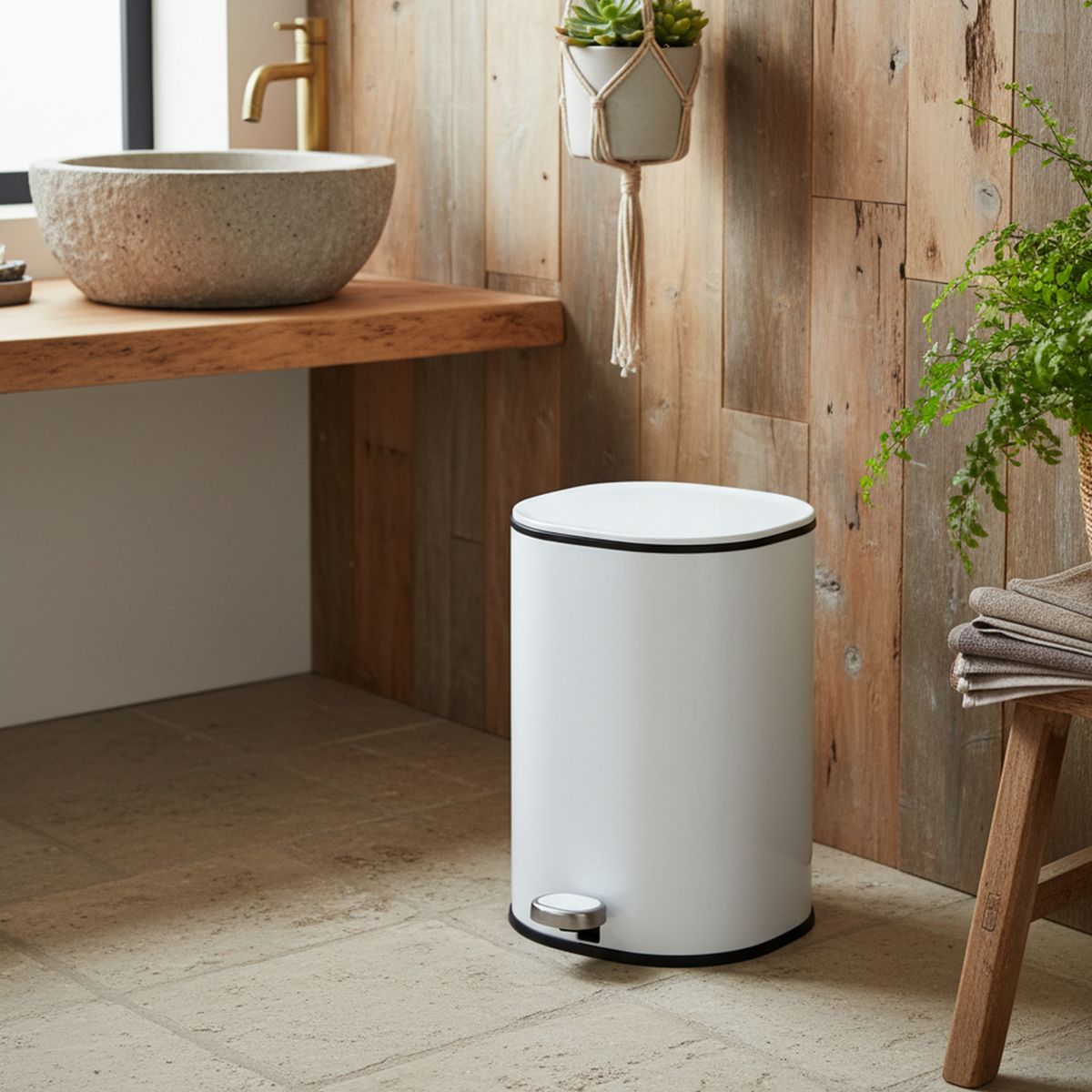 JUST HOME COLLECTION - Papelera Cilíndrica con Pedal Blanca 5L