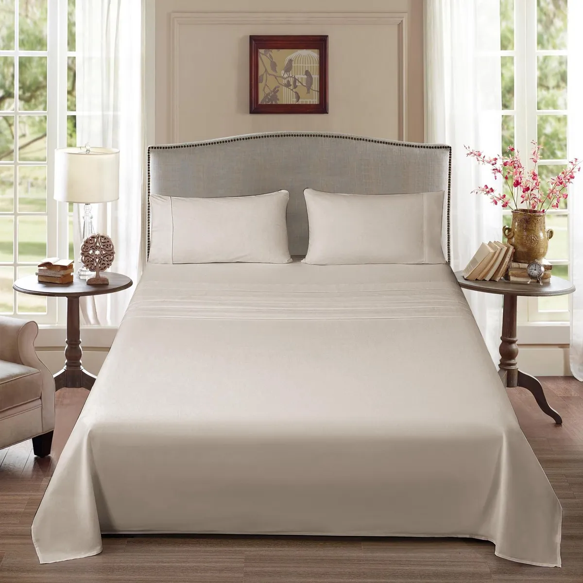 MICA - Juego de Sábanas Algodón Queen 180 Hilos Beige