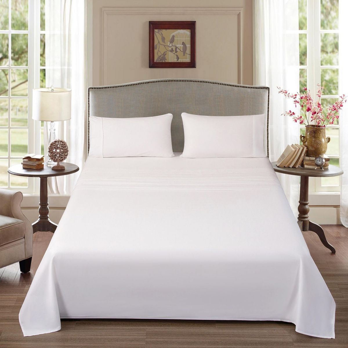 MICA - Juego de Sábanas Algodón Queen 180 Hilos Blanco