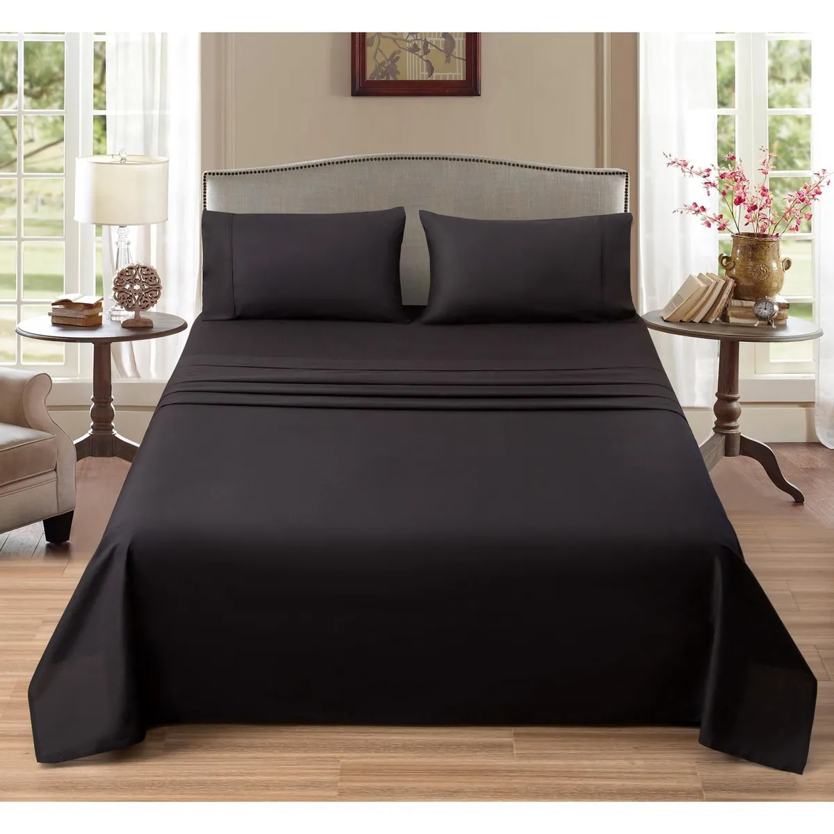 JUST HOME COLLECTION - Juego de Sábanas Algodón 2 Plazas 180 Hilos Negro