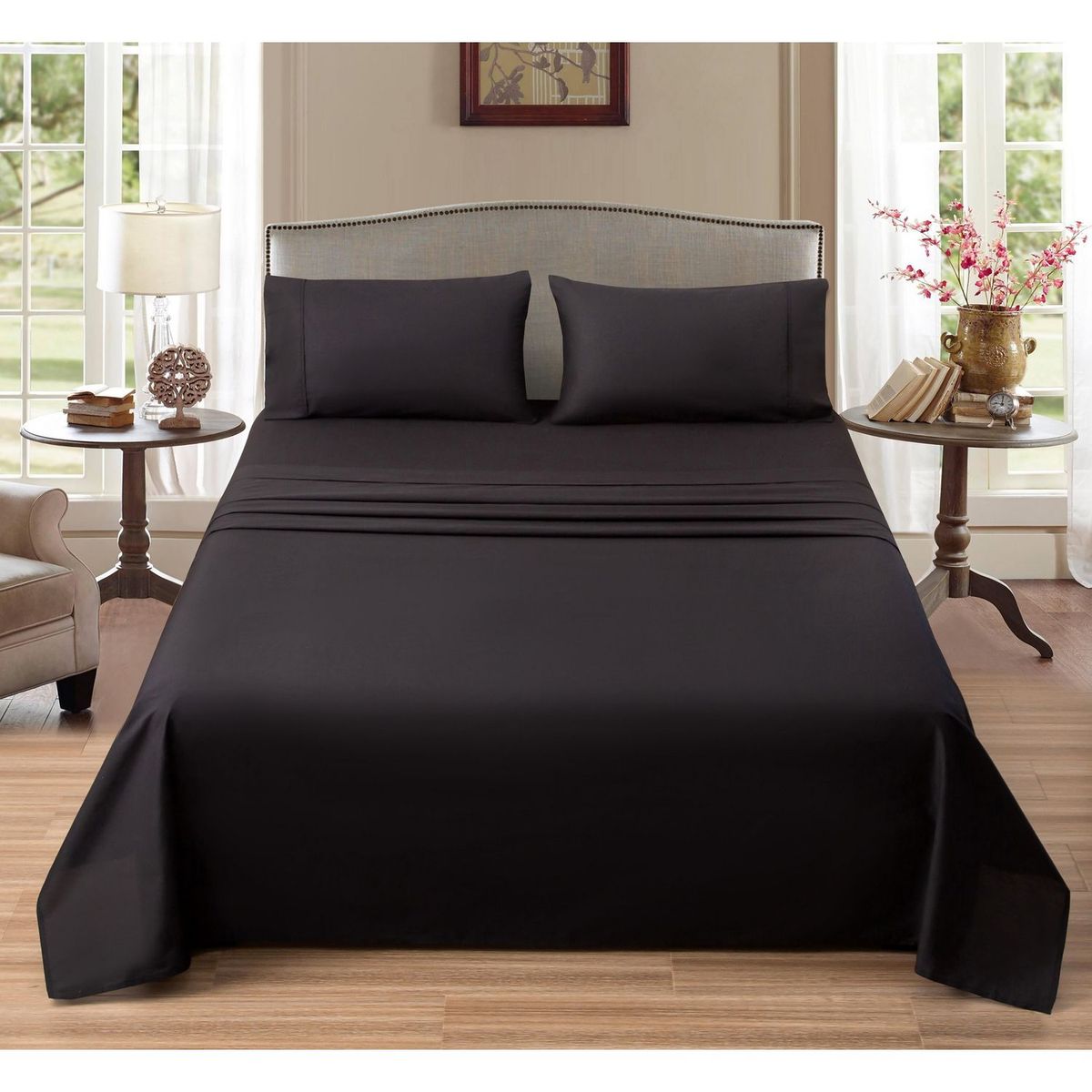 MICA - Juego de Sábanas Algodón Queen 180 Hilos Negro