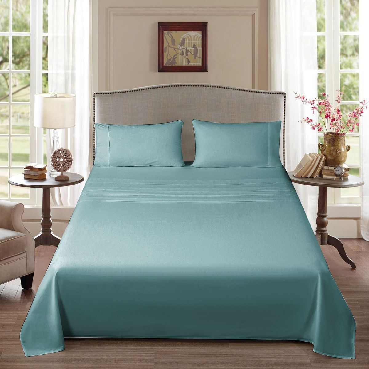 MICA - Juego de Sábanas Algodón Queen 180 Hilos Turquesa