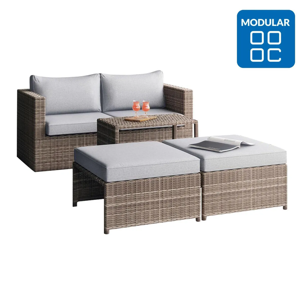 JUST HOME COLLECTION - Juego de Living de Terraza Modular 4 Personas Ratán Pipa