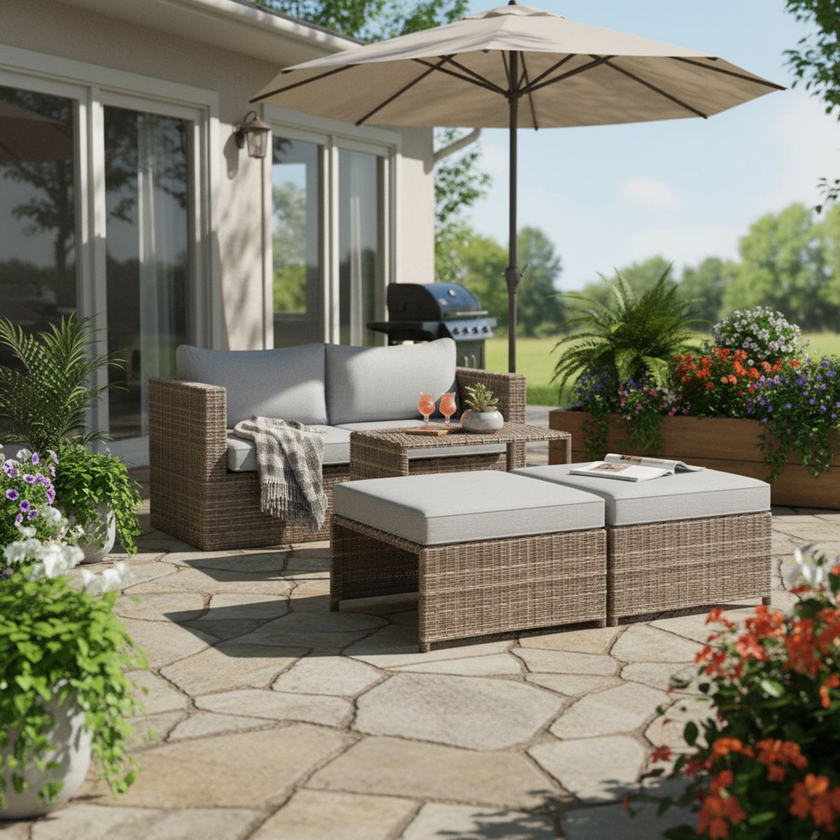 JUST HOME COLLECTION - Juego de Living de Terraza Modular 4 Personas Ratán Pipa