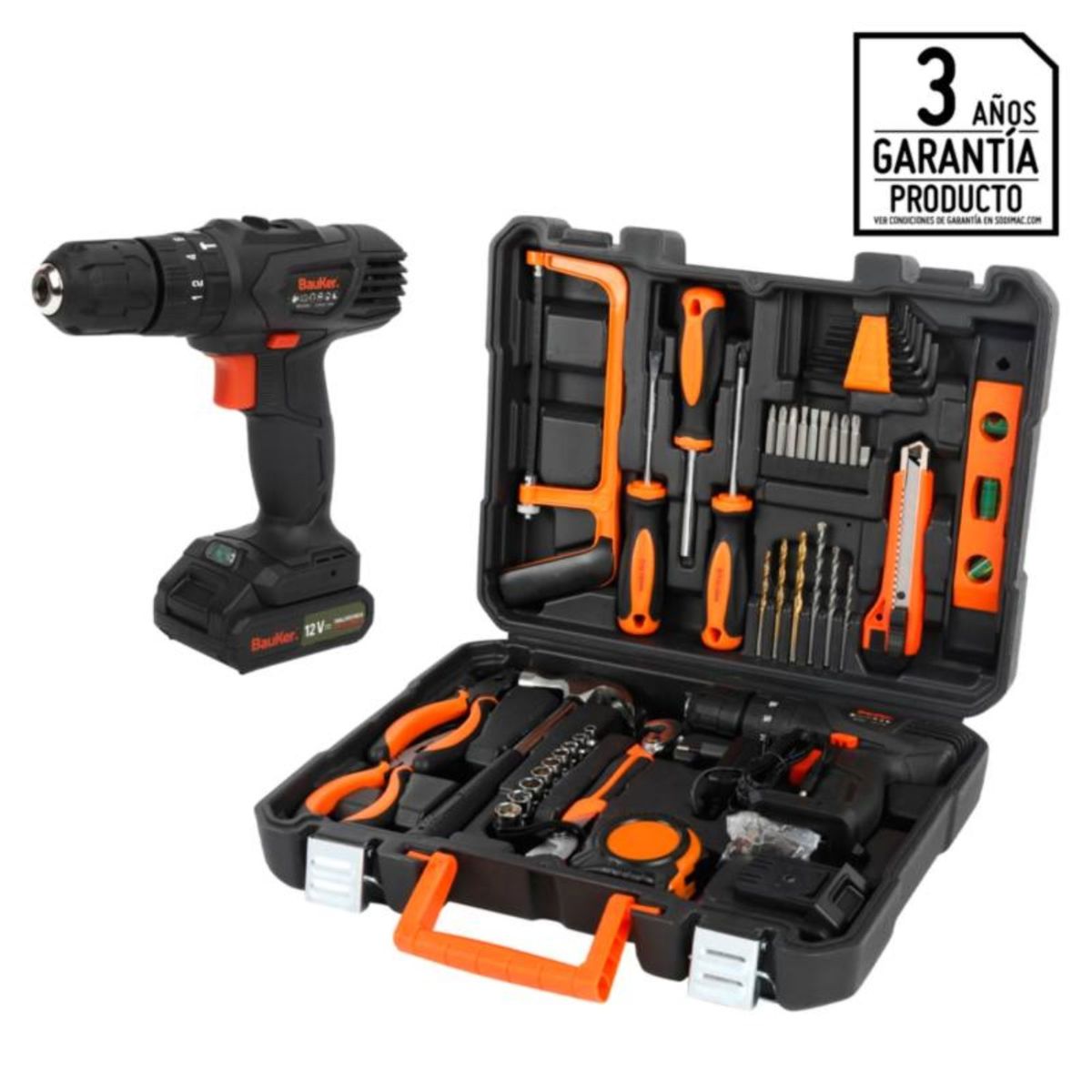 BAUKER - Taladro Inalámbrico Bauker 10mm 12V Bauker + Set de Herramientas Manuales 44 Piezas