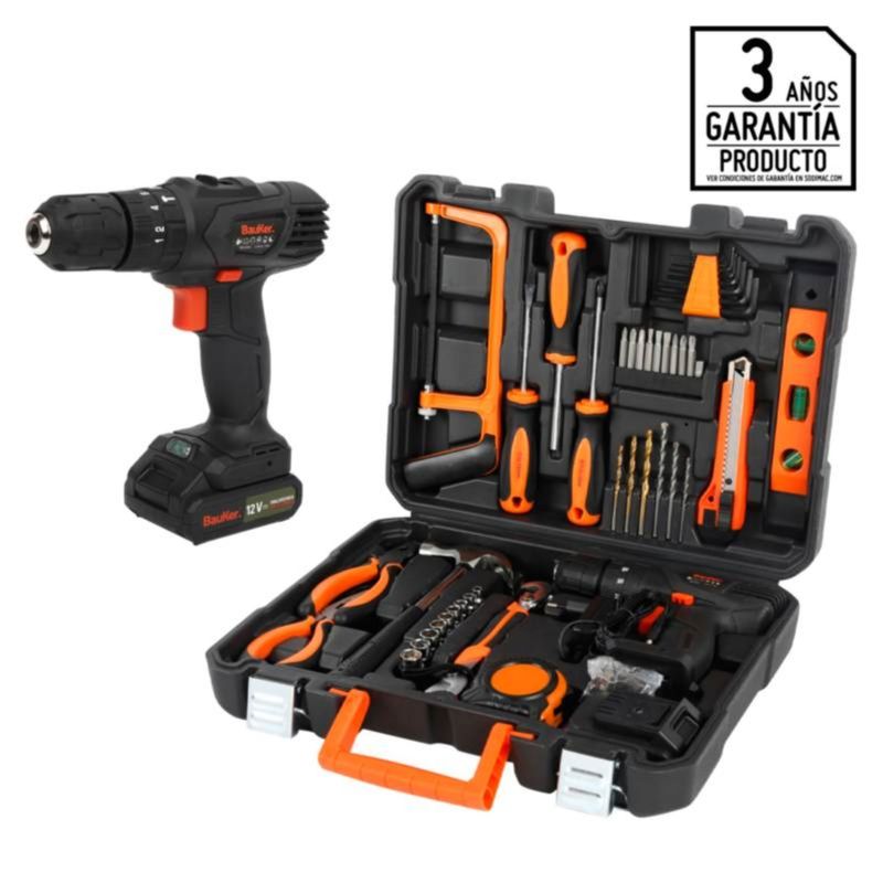 BAUKER - Taladro Inalámbrico Bauker 10mm 12V Bauker + Set de Herramientas Manuales 44 Piezas 