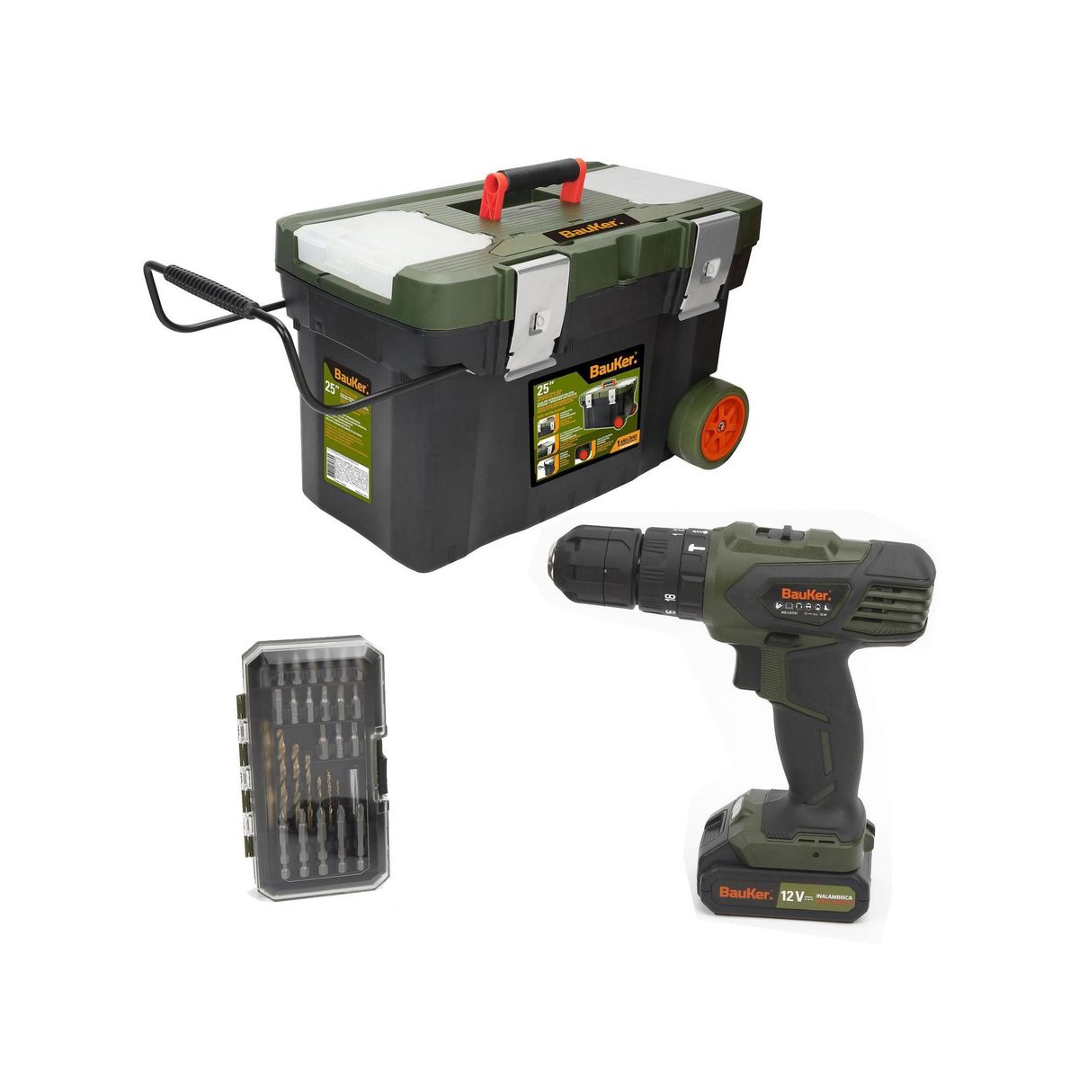 BAUKER - Taladro Percutor inalámbrico Bauker 10 mm 12V + Carro herramientas 25"
