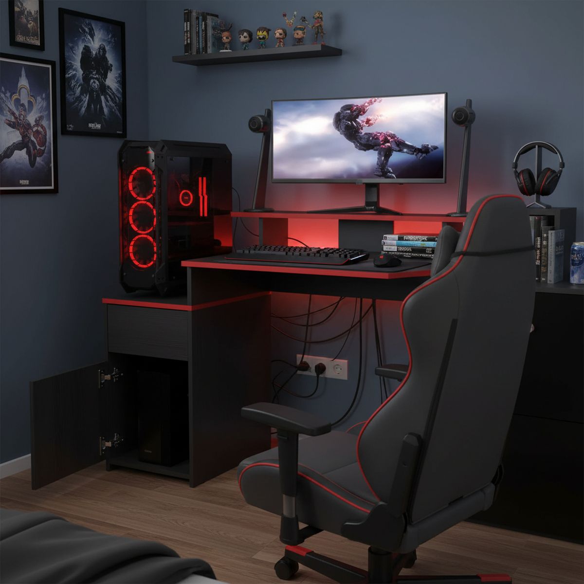 JUST HOME COLLECTION - Escritorio Gamer Negro/Rojo Melamina con Cajonera