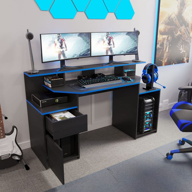 JUST HOME COLLECTION - Escritorio Gamer Negro/Azul Melamina con Cajonera