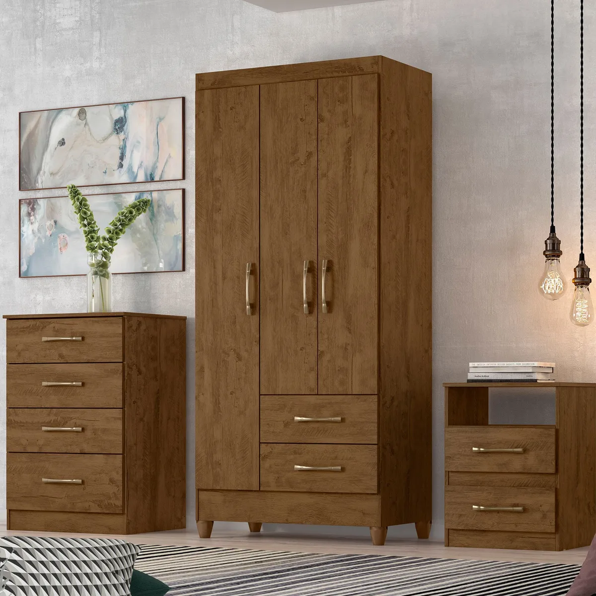 CASA BONITA - Combo Ropero 3 Puertas 2 Cajones + Cómoda 4 Cajones + Velador Lima