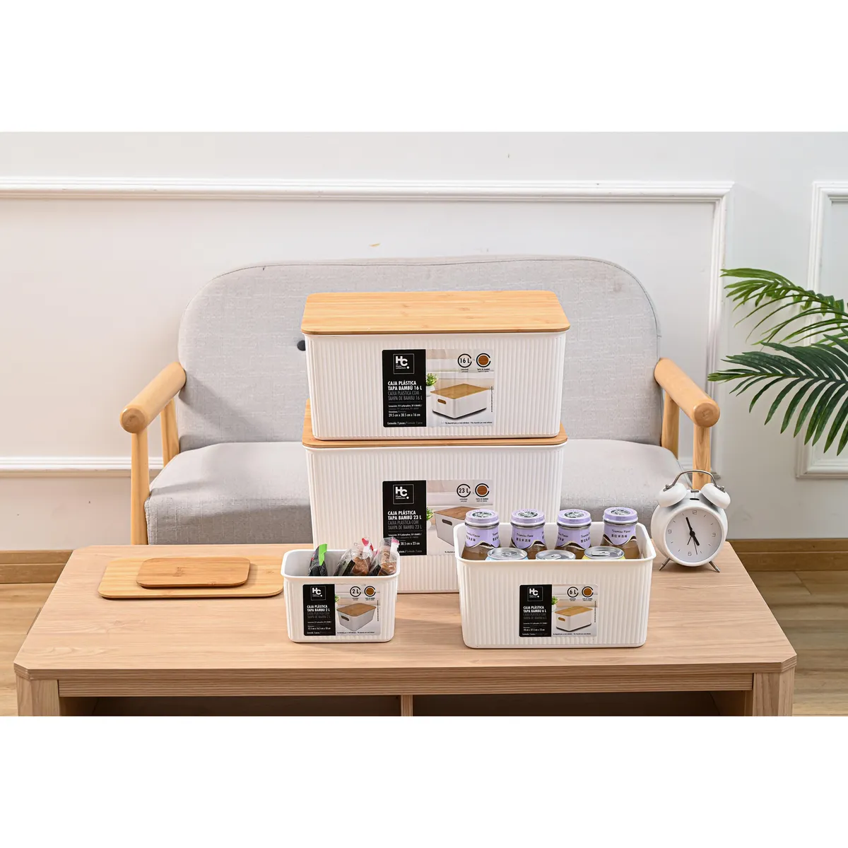 JUST HOME COLLECTION - Canasta Plástica Tapa de Bambú 2lt Blanco