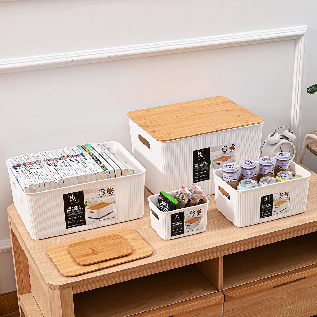 JUST HOME COLLECTION - Canasto Plástico Tapa de Bambú 16lt