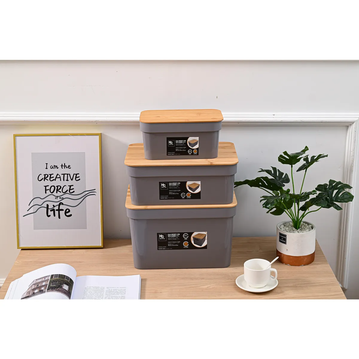 JUST HOME COLLECTION - Canasta Tapa de Bambú 4.5lt Gris